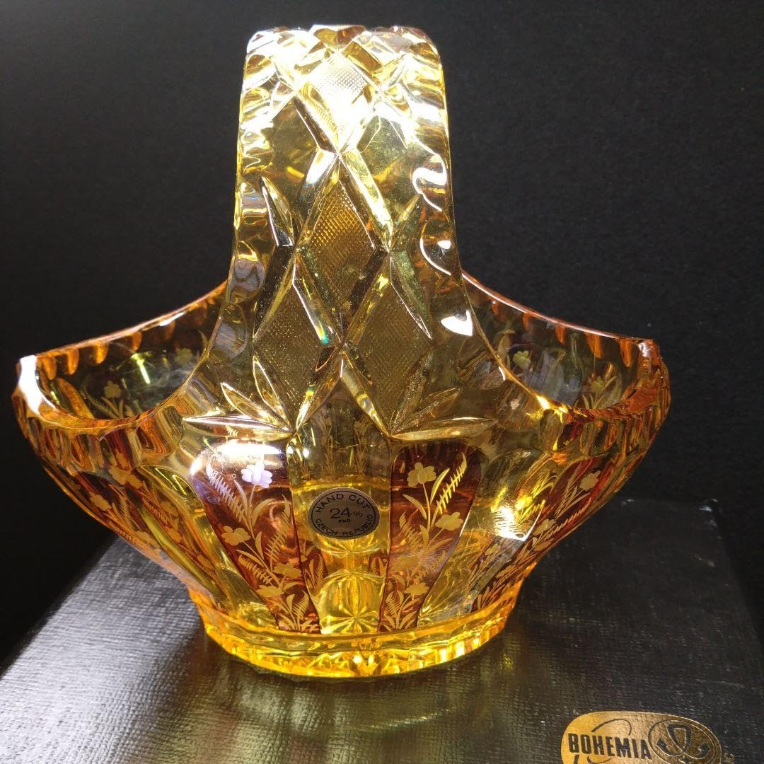 ボヘミア】超希少！ 高級クリスタル フラワーベース バスケット 琥珀