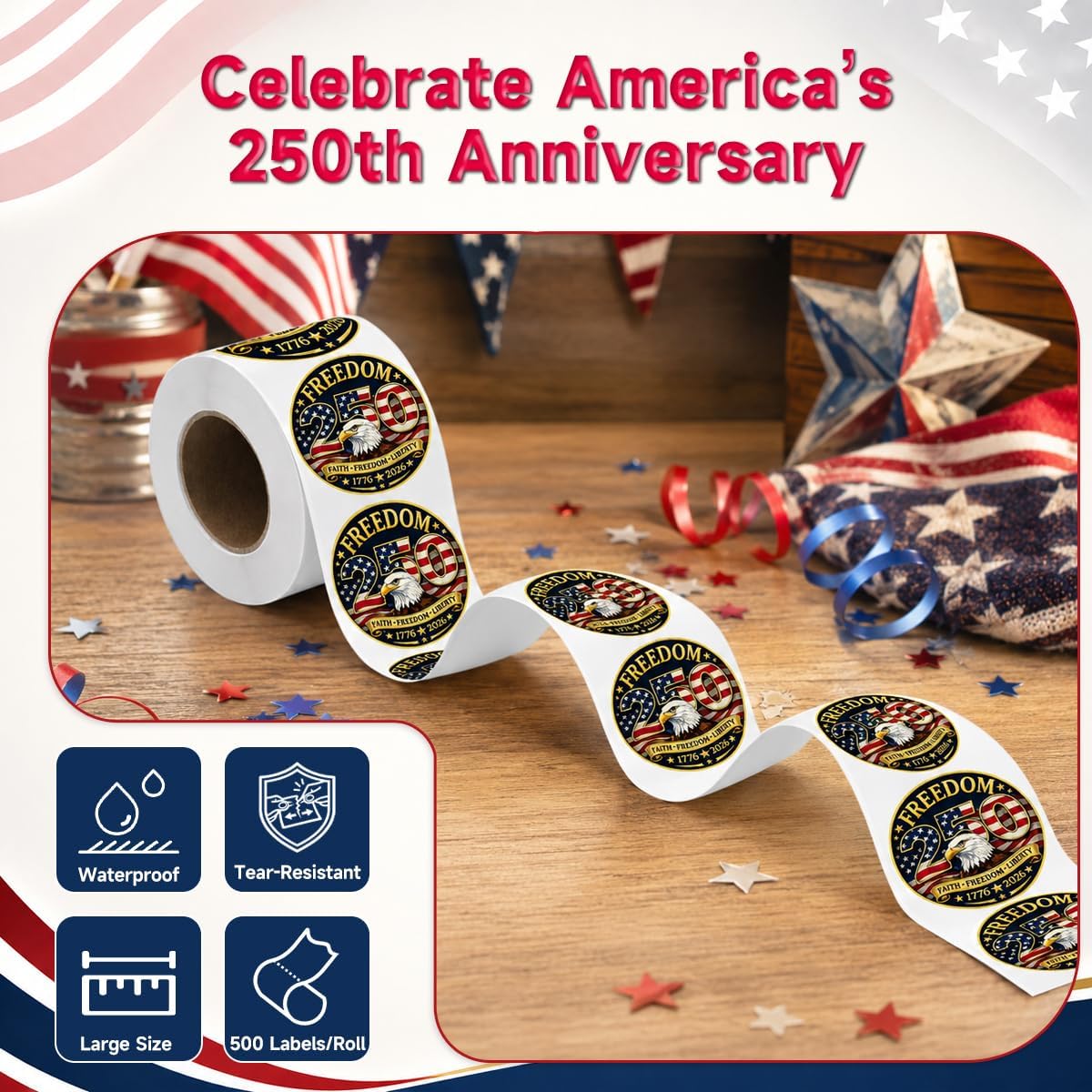 500 Pcs/Roll 1.77" Round Patriotic 250th Anniversary Stickers, Waterproof Vintage USA Decals, Retro 4th of July American Flag Labels for Gifts, Envelopes, Party Decor image 4