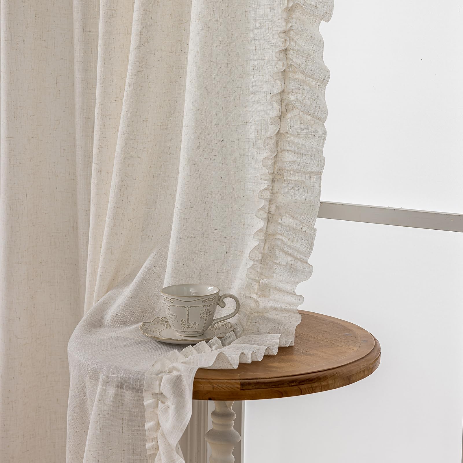 Ruffle Curtains 63 Inch Length 2 Panels, Natural Linen Textured Ruffled Curtains for Bedroom, Rod Pocket Privacy Light Filtering Farmhouse Semi-Sheer Scalloped Flowy Drapes for Windows, 58 x 63 Inch