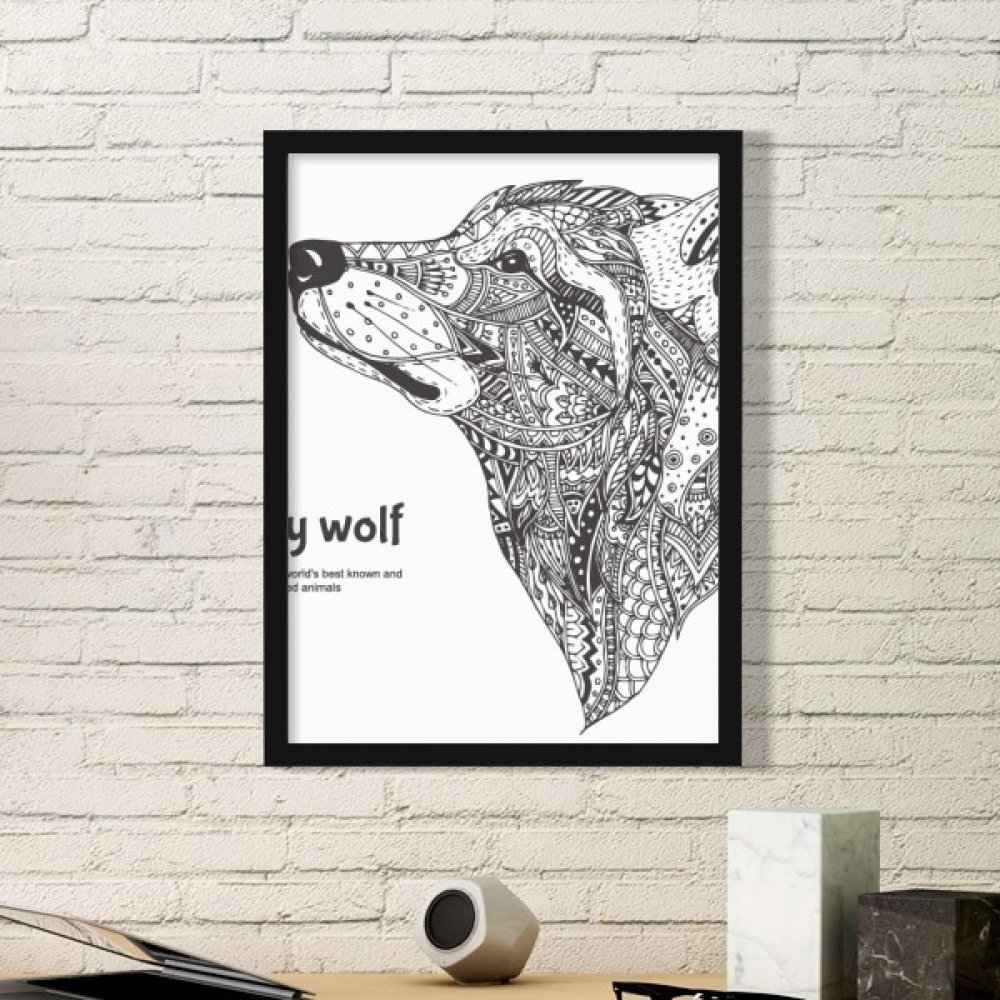 Peintures de loup gris et cadre photo noir pour une décoration murale de salon