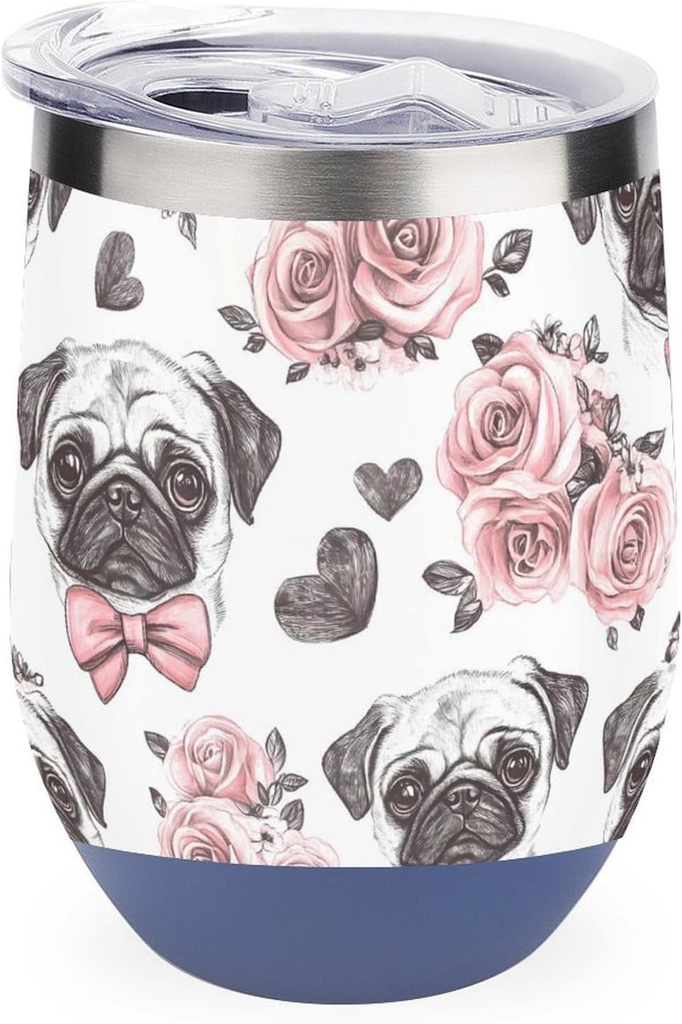 Rose Pug Dogs Love Heart Insulated Drinking Cup Stainless Steel Coffee Mug Wine Tumbler with Lid 12OZ