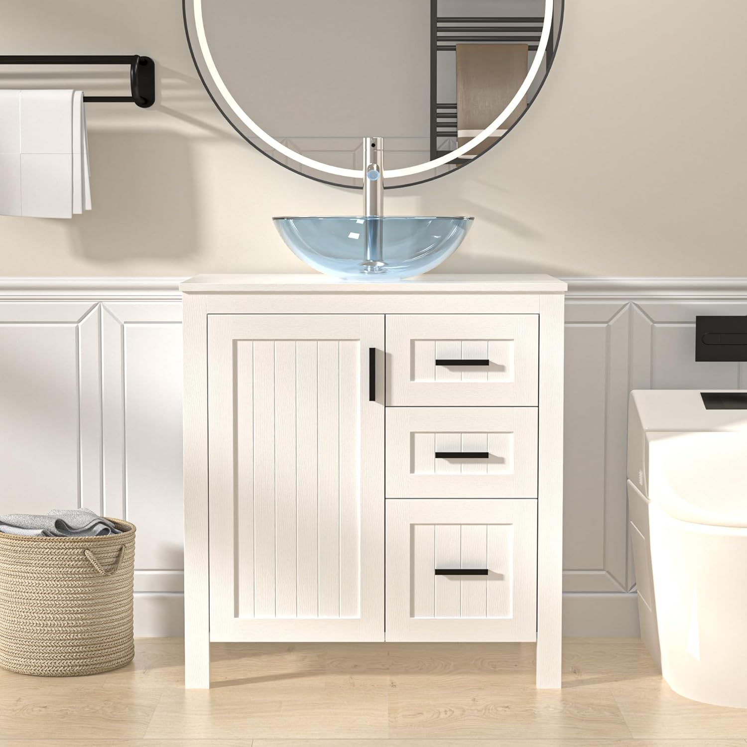 UEV 30" Bathroom Vanity with Sink Combo,Modern Freestanding Sink Cabinet with 3 Drawers,Stylish Bathroom Vanity Cabinet,Grooved Door,Metal Handles,Vessel Sink (Glass Round Bowl, 30''White)