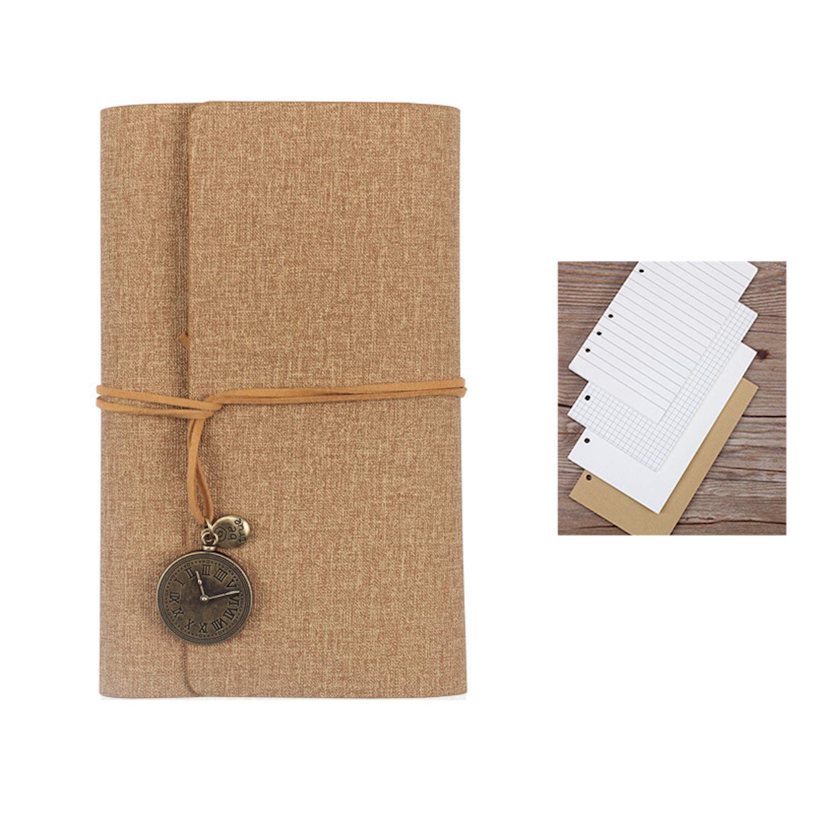 Elonglin Journal Notebook Pages Refillable A6 Paper Notepad Diary Vintage PU Leather/Linen Cover Tetro Pendants Classic Embossed Linen Cover Khaki
