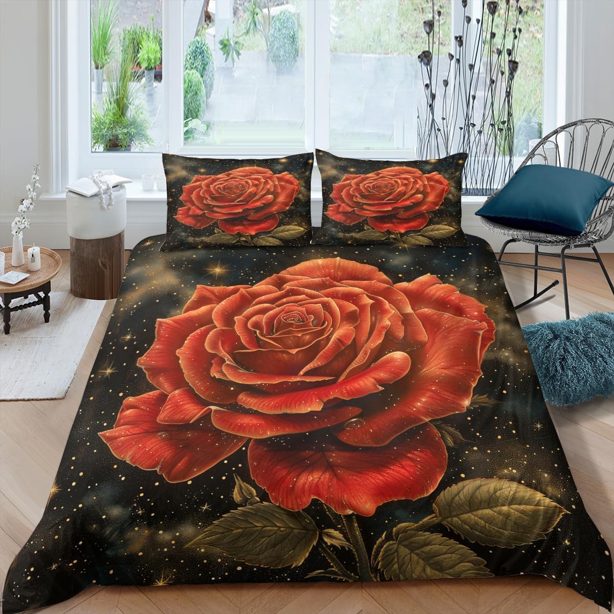 Housse de couette 260x230 fleur rose en microfibre avec 2 taies d'oreiller
