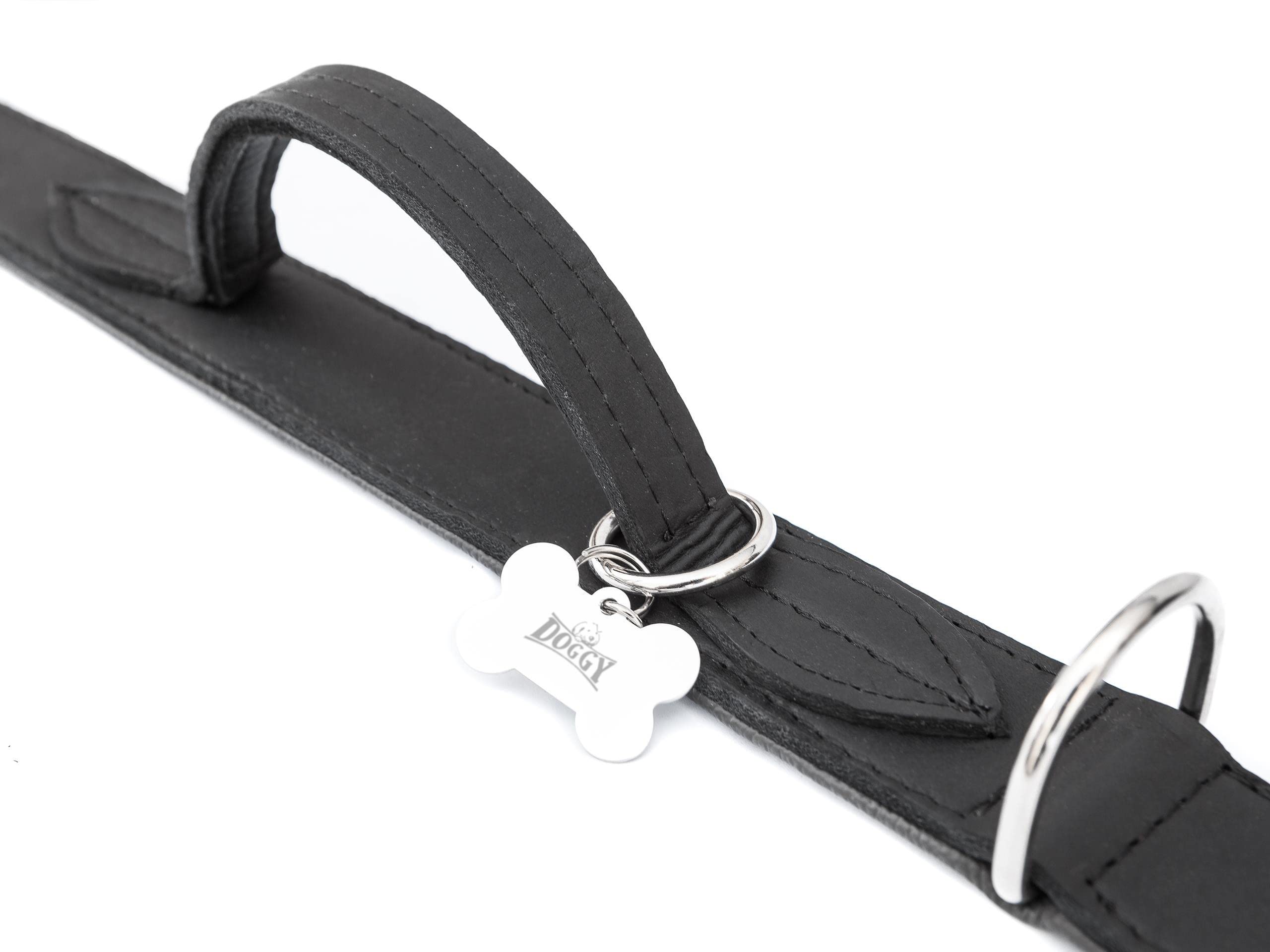 Collier pour chien en cuir avec poignée - Collier en cuir pour chien - Collier avec boucle en métal - Noir - 47-54 cm