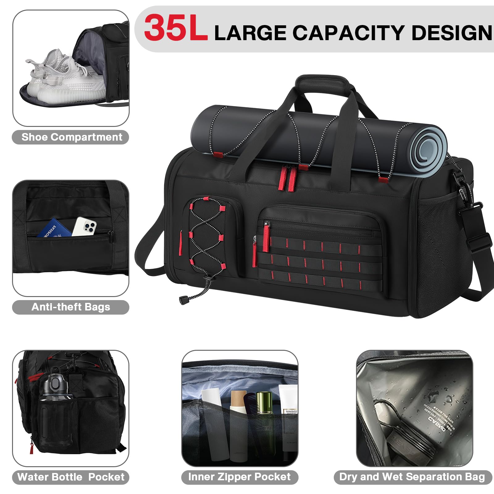 Borsa da Palestra da 35 Litri, Borsone Sportivo, Borsone Da Viaggio Con Scomparto Per Scarpe, Borsa da Viaggio Con Separazione Tra Asciutto E Bagnato E Tasca Impermeabile, Per Uomini E Donne