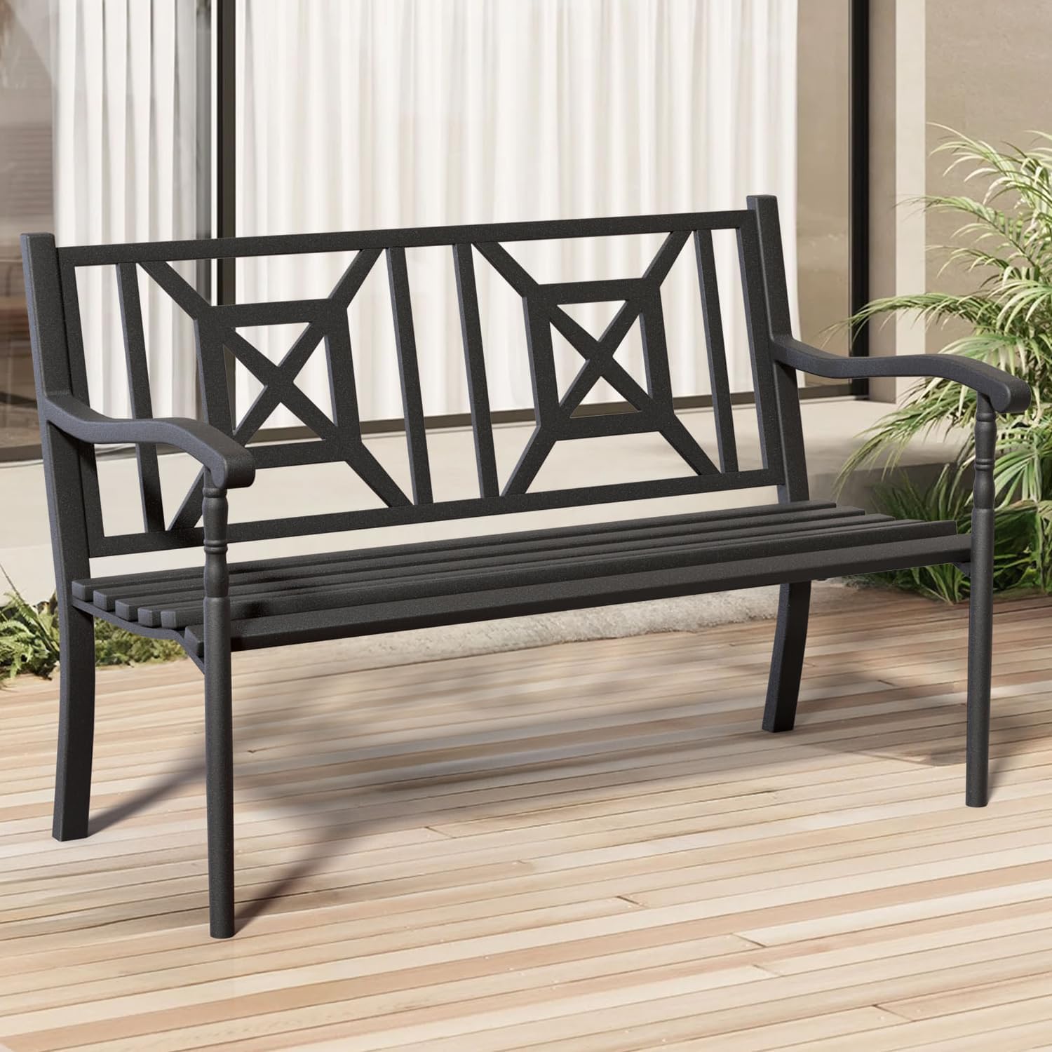 Metal Bench Patio Bench,Outdoor Benches Weatherproof with Lattice Backrest, Wrought Iron Garden Benches for Outdoors, Patio, Garden, Park