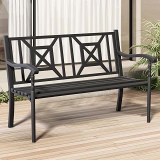 Metal Bench Patio Bench,Outdoor Benches Weatherproof with Lattice Backre...