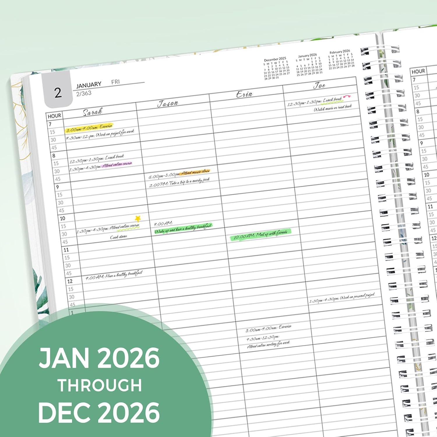 SUNEE 2026 Daily Planner,4-Person Group Appointment Book with Quarter-Hourly Layout. Weekly & One-Page-Per-Day Format, Jan to Dec 2026, 8.5x11,Weekly Planner, Flexible Cover, Note Pages, Bookmark,Greenery