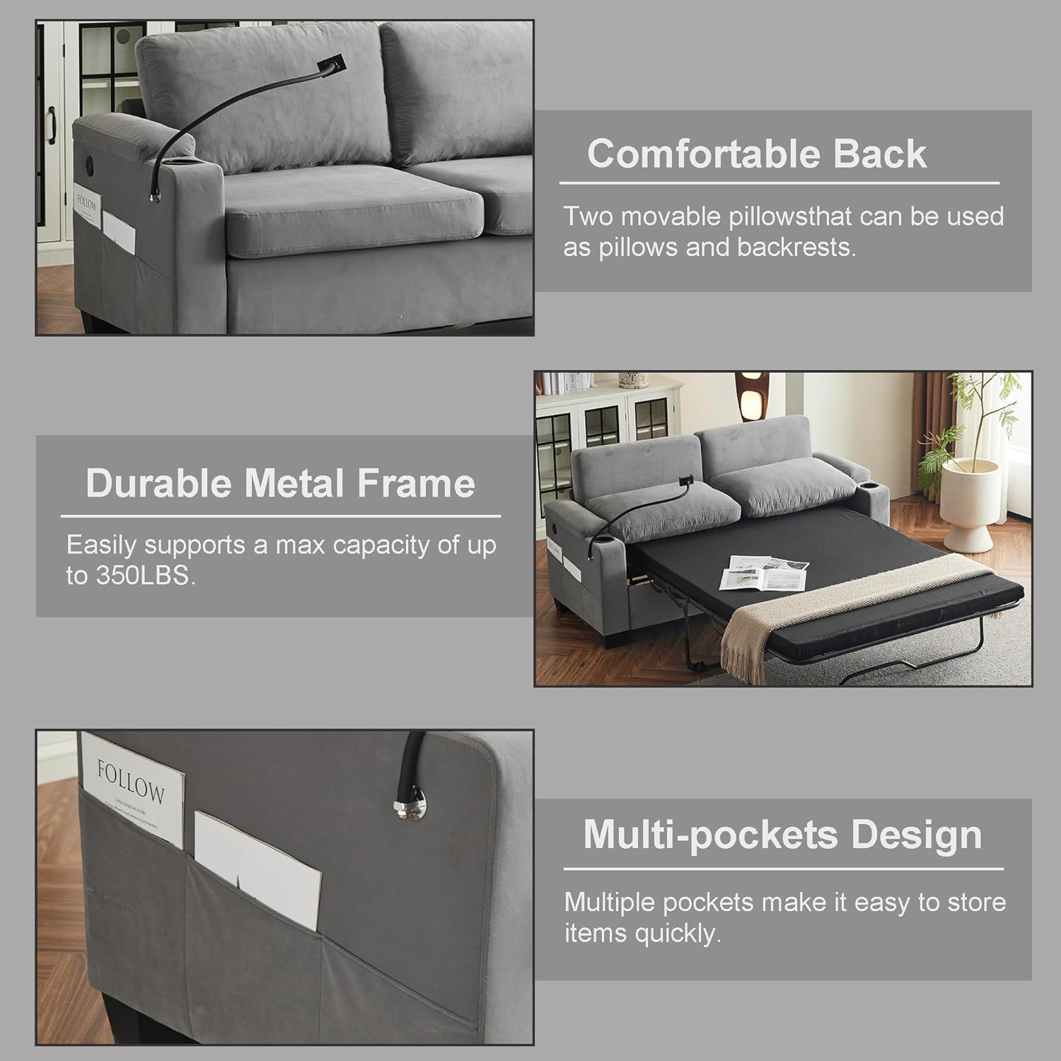 74'' Chenille Sleeper Sofa Couch with Pull Out Sofa Bed and Cup Holders, 2 in 1 Convertible Loveseat Futon Couches with USB and Type-C Charge Port, Sofas Beds for Living Room, Dark Grey