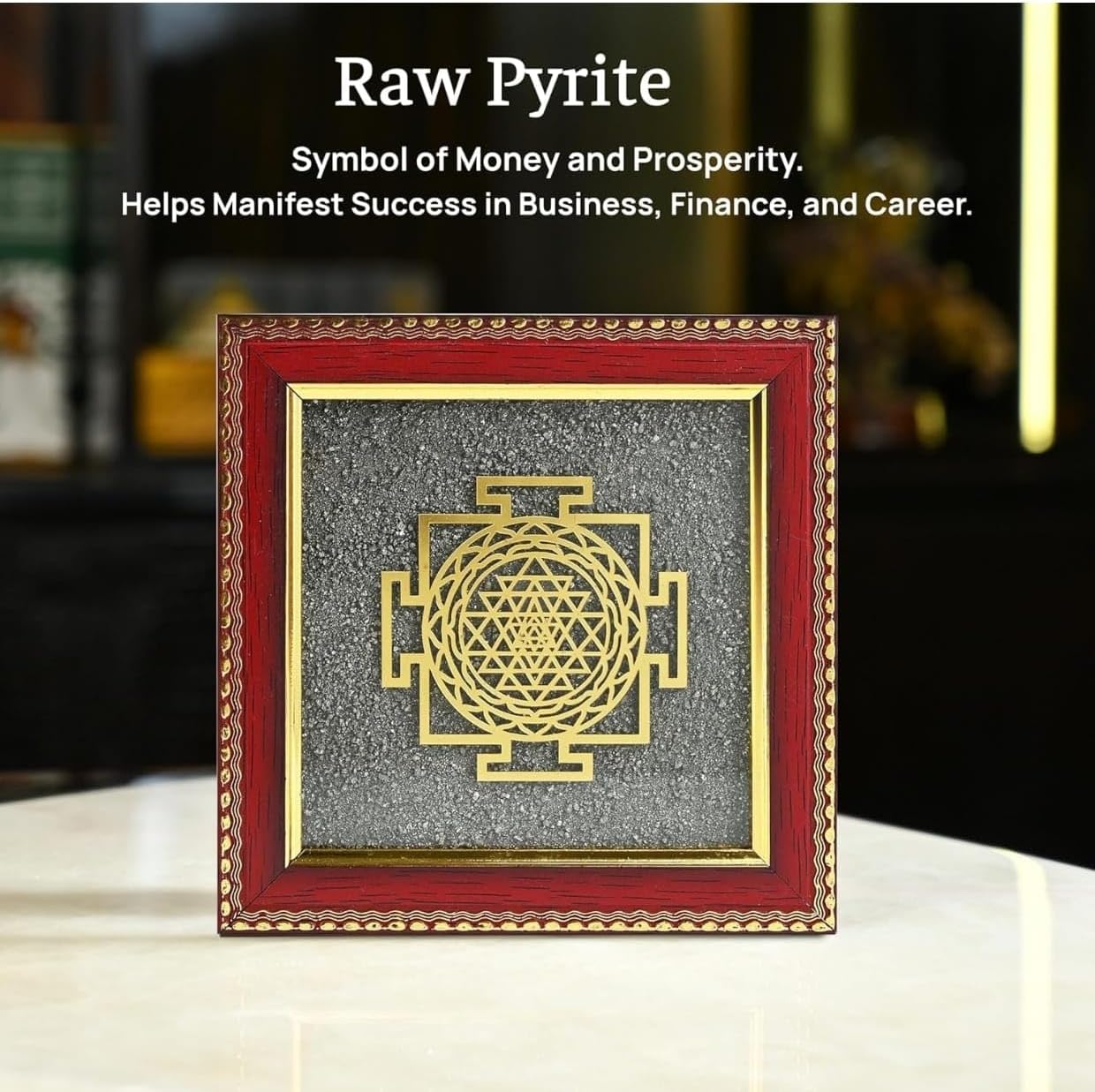 Pyrite Stone Frame Shree Yantra to Attract Money, Protection and Chakra Healing - Wall Decor Items for Living Room Wooden Photo Frame with Original Peru Pyrite Dust for Money Success WITH CERTIFICATE