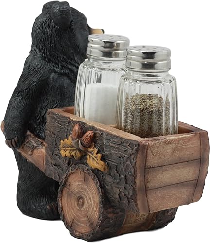 Miniatura 4 de Ebros Woodlands Spice Delivery Black Bear Pushing Vintage Wagon Carro Salero y Pimentero Juego de figuritas de bosque Rocky Mountain Bears Cabaña