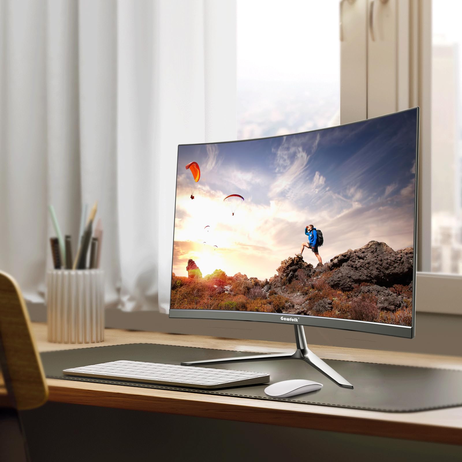Gawfolk Monitor curvo da gioco da 24,5 pollici con altoparlanti integrati, schermo per PC 120 Hz Full HD 1080P, 3000R, HDMI 2.0, VGA, compatibile con montaggio a parete 75 x 75 mm