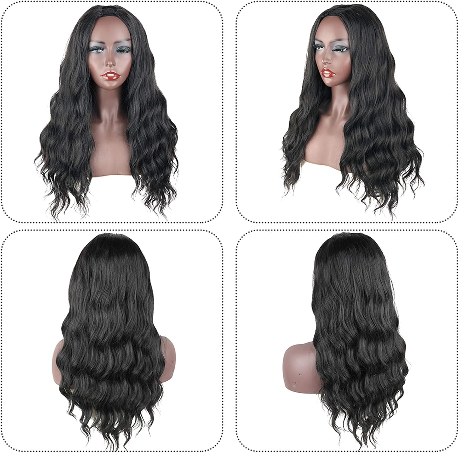 KRSI Body wave U Part Wigs for Women U Part 1.5''x 3.5'' U Shape Glueless Wigs Natural Black Full Head U-part Hair Extension Clip in U Part Wig Synthetic Hair Half Wig 20 inch (1B-6681) - Image 4