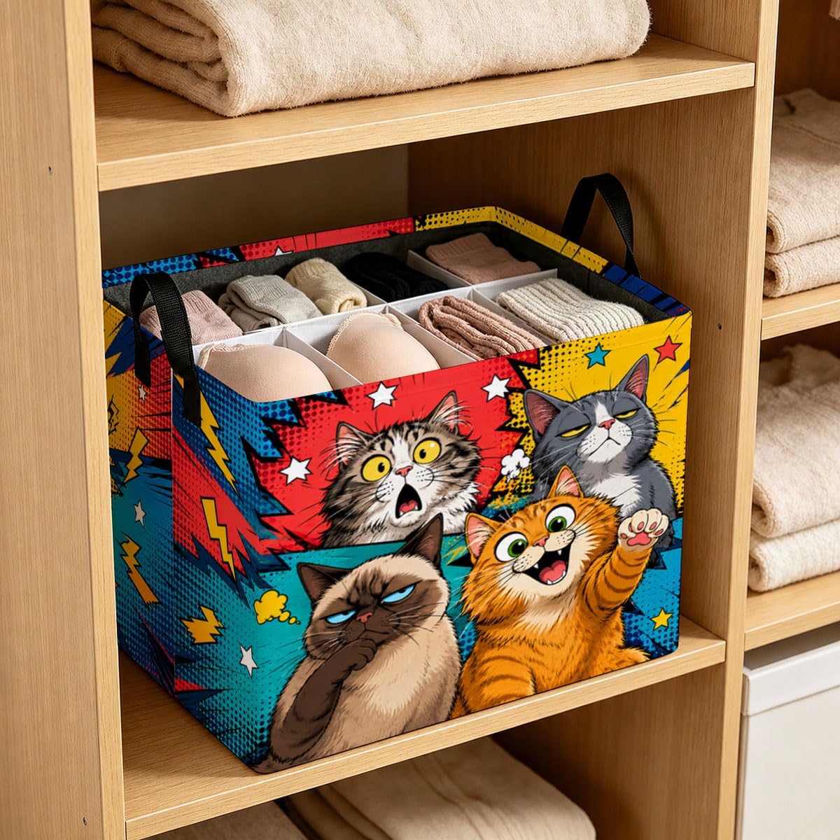 56L Storage Basket with Funny Retro Kitties Print Foldable Laundry Hamper image 3