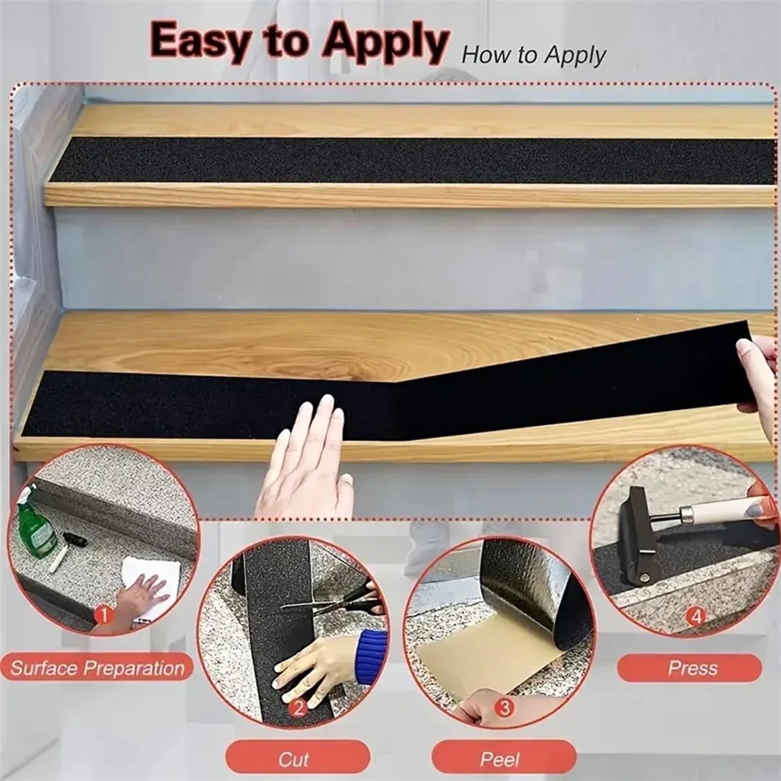 Tira antideslizante para peldaños de escalera con cinta adhesiva para interiores y exteriores para decoración y seguridad, borde de escalera negro