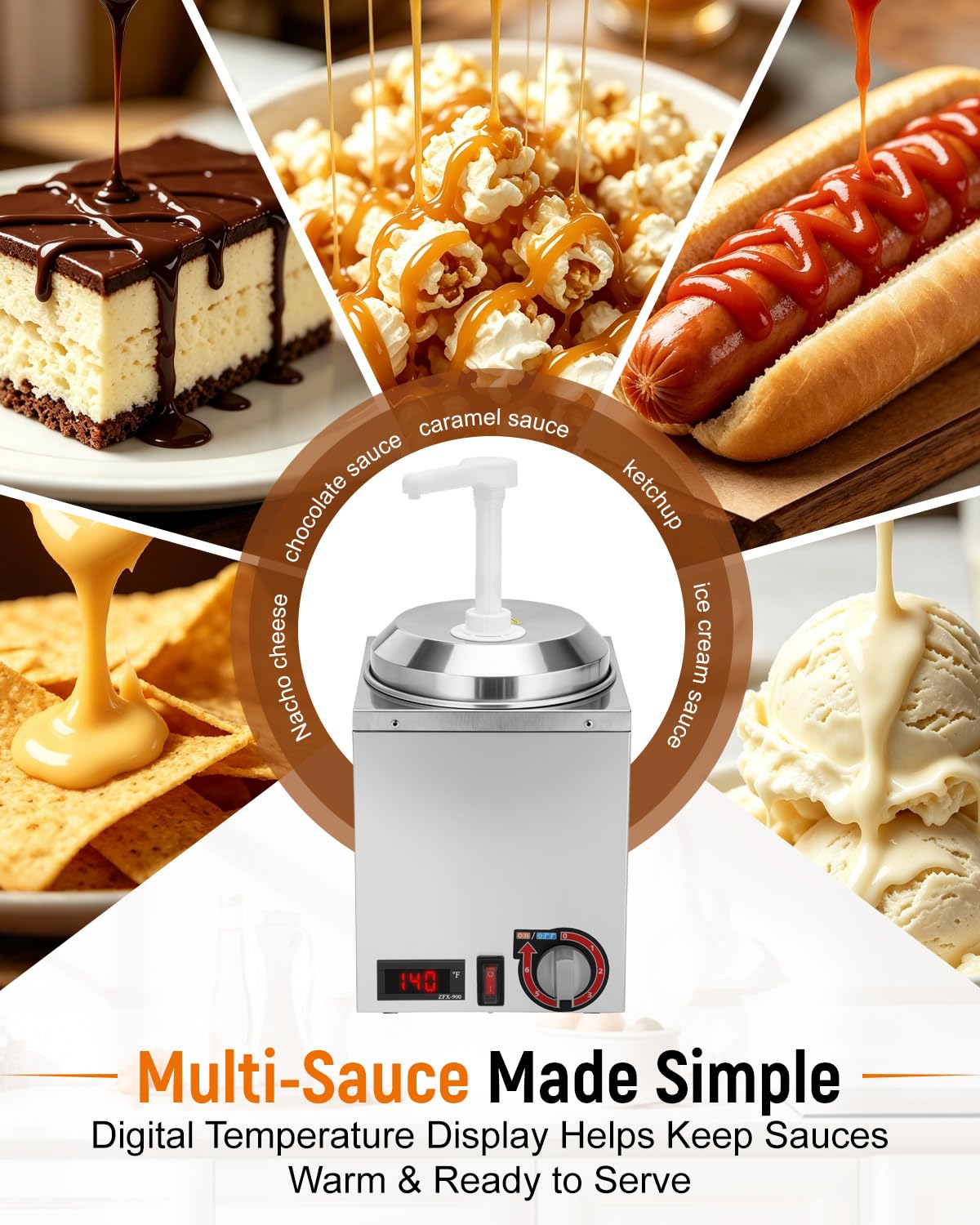 Nacho Cheese Dispenser with Pump, Stainless Steel Nacho Cheese Warmer, Electric Hot Fudge Dispenser with 86-185°F Temperature Indicator & Control (2.8 QT)
