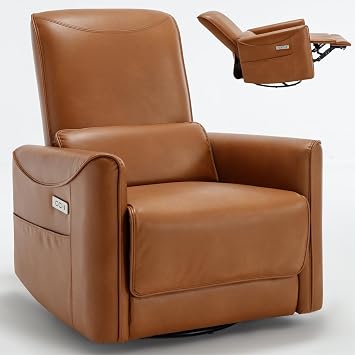 Swivel and Rocking Electric Recliner, Heavy Duty Movement Mechanism with USB and Type-C Ports (Brown)