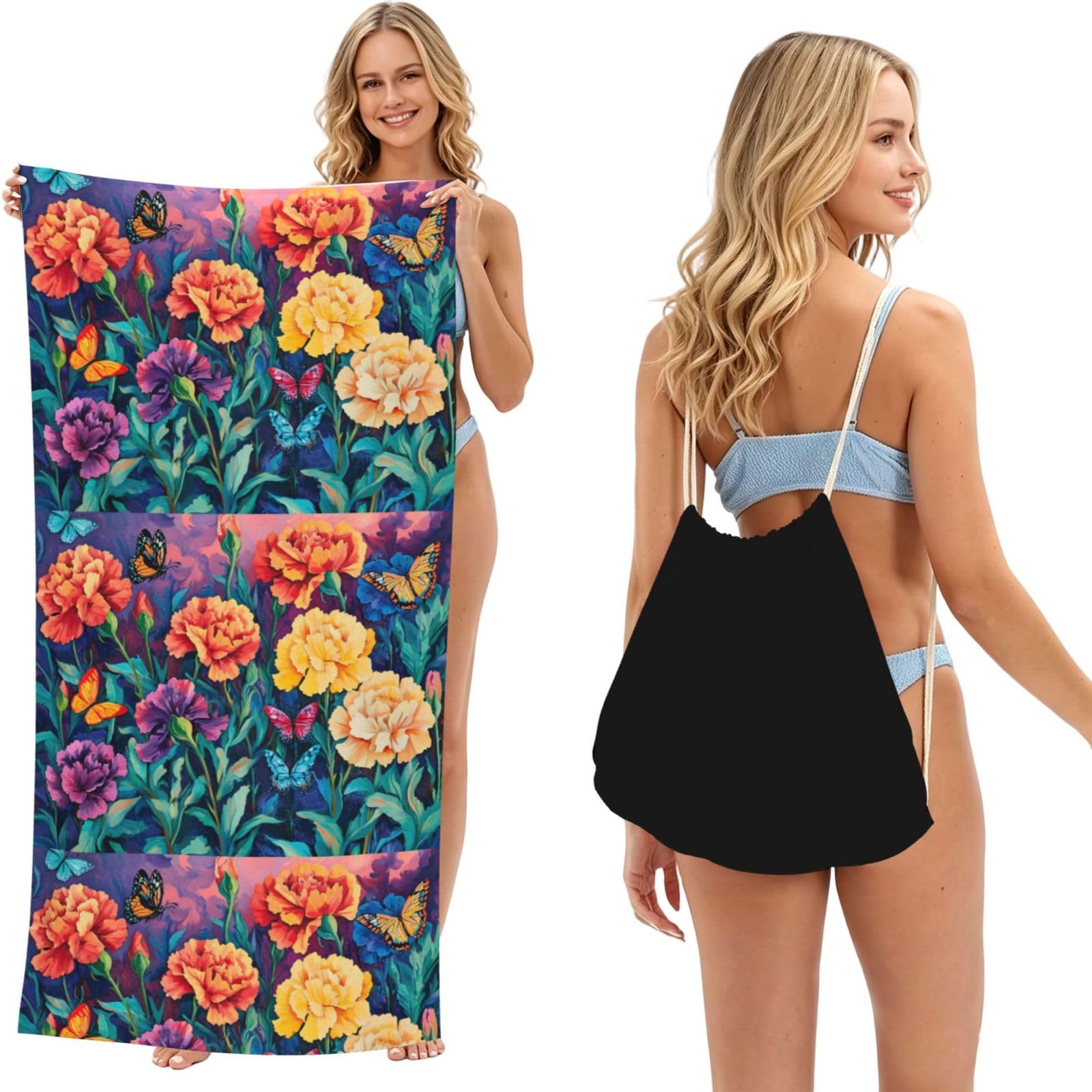 SKGOHLH Butterflies dance on roses 2in1 Packable Beach Towel Bag Women