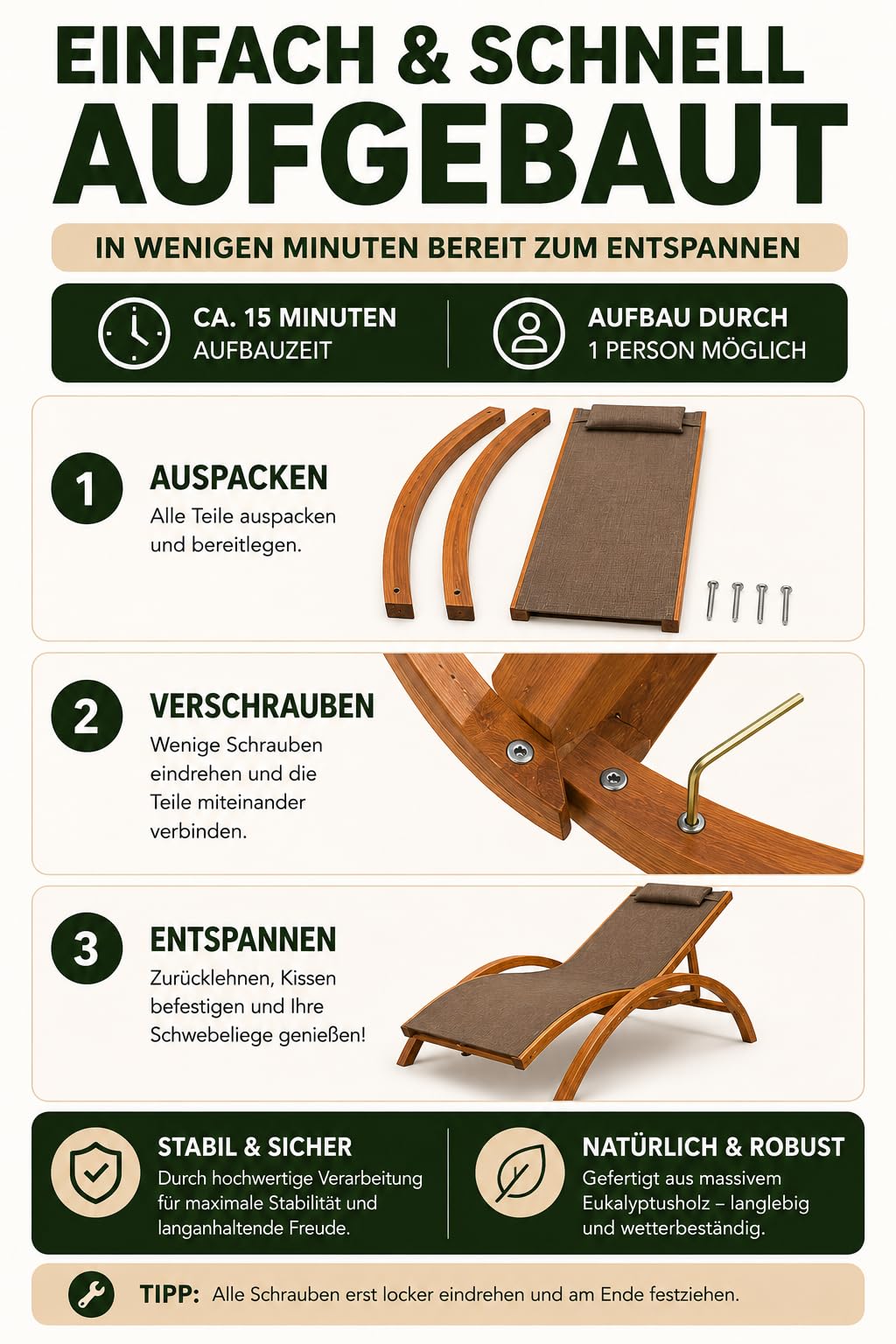 Ampel 24 Relax Liegestuhl Tropica | Relaxliege mit Armlehnen, Gartenmöbel aus vorbehandeltem Holz, Stuhl Bespannung braun, wetterfeste Gartenliege