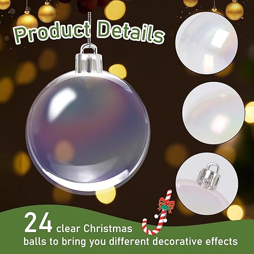 Miniatura 3 de HealthSTEC 24 bolas de adornos iridiscentes, decoraciones de Navidad, adornos de plástico iridiscente transparente con hilo plateado, decoraciones