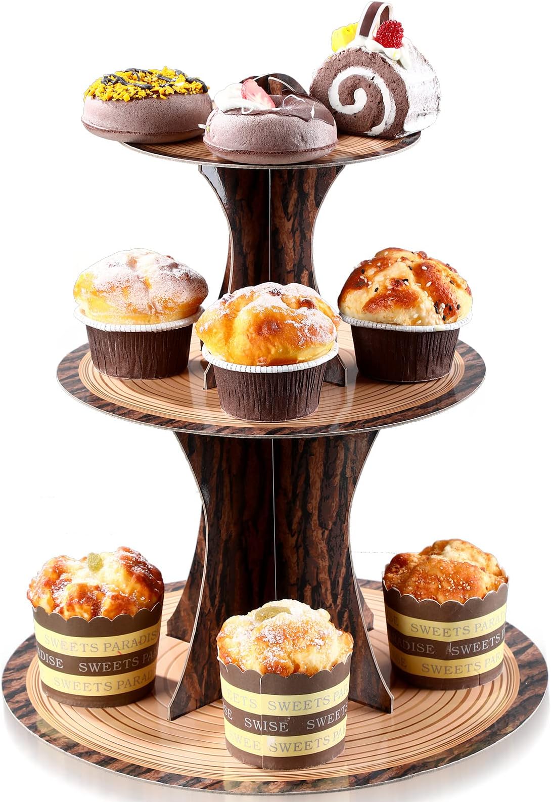 Wooden Cupcake Stand Woodland Baby Shower Decoration 3 Tier Wood Rustic Birthday Party Cardboard Tree Cake Holder Tower for Jungle Animal Lumberjack Safari Forest Party Supplies(Wood Grain)