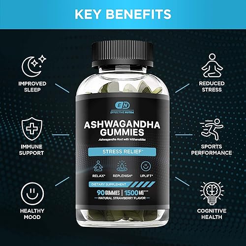 Miniatura 2 de EFFECTIVE NUTRA Ashwagandha - Gomitas de 1500 mg  Alivio del estrés, apoyo inmunológico, estado de ánimo tranquilo, energía  Sabor natural de bayas