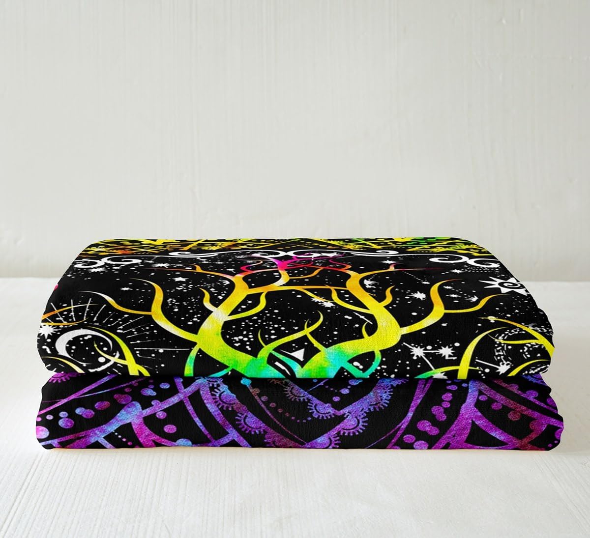 Sun and Moon Throw Blanket Queen,Black and White Sherpa Blanket for Kids Boys GirlsPsychedelic Tree of Life Fleece Blanket Cozy,Galaxy Stars Mandala Tribal Plush Blanket Sofa Bed Couch Decor