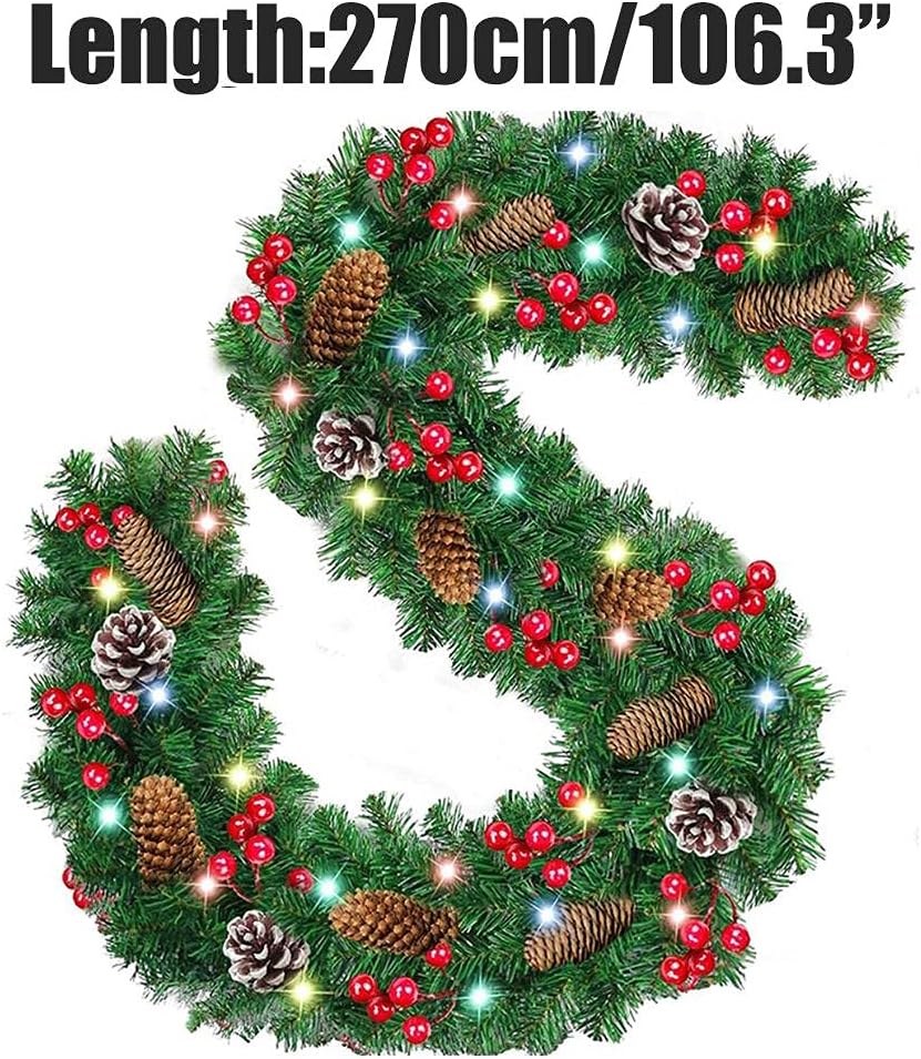 MINGZHE Christmas Rattan Garland with Led Light Outdoor 2.7m Christmas Rattan Decoration Garland for Stair Railing Fireplace Door Window(B)