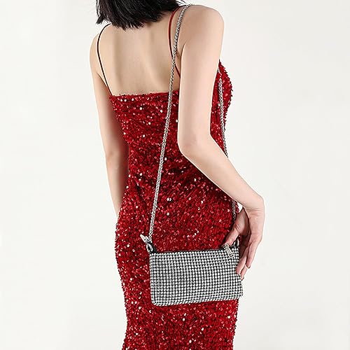 Miniatura 5 de Silver Clutch Women Rhinestone Evening Bag Wedding Crystal Bride Engagement Purse Fold Over Chain Crossbody Shoulder Bag