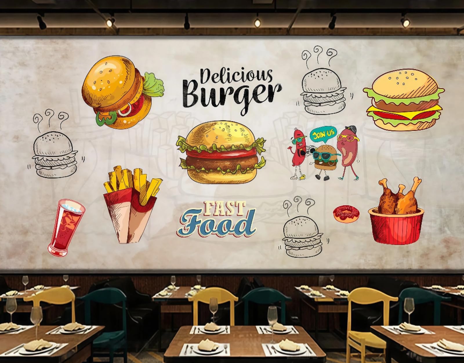 rskjdghshd Wallpaper Cartoon Hand-Painted Burger Fried Chicken Pizza Shop Afternoon Tea Drink Shop Background Wall Western Restaurant Wallpaper Cafe Mural,3D,430x300cm