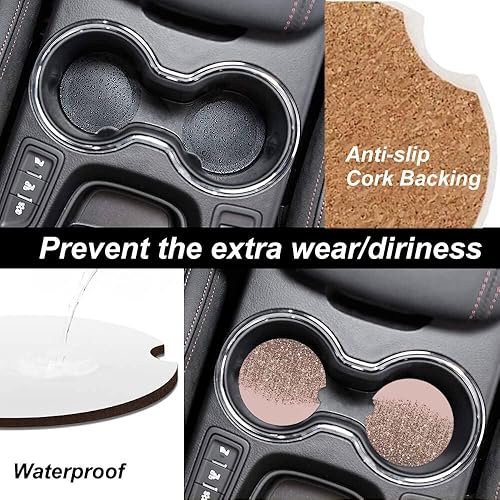 Miniatura 3 de Paquete de 2 posavasos absorbentes para portavasos de automóvil, posavasos de cerámica con parte trasera de corcho y ranura para los dedos,