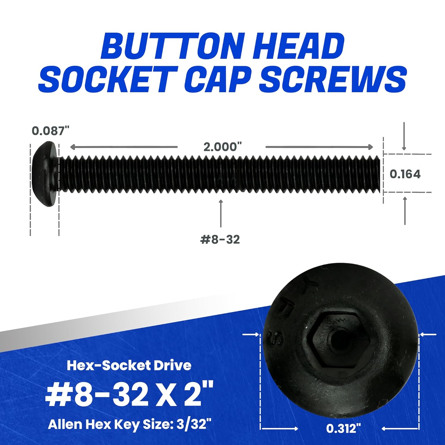 Fastenere Button Head Socket Cap Screws - 8-32 x 2 (50-Pcs) Alloy Steel, Fully Threaded, Fine Black Oxide Finish, Corrosion-Resistant, Machine Thread, Easy to Install w/Allen Hex Drive