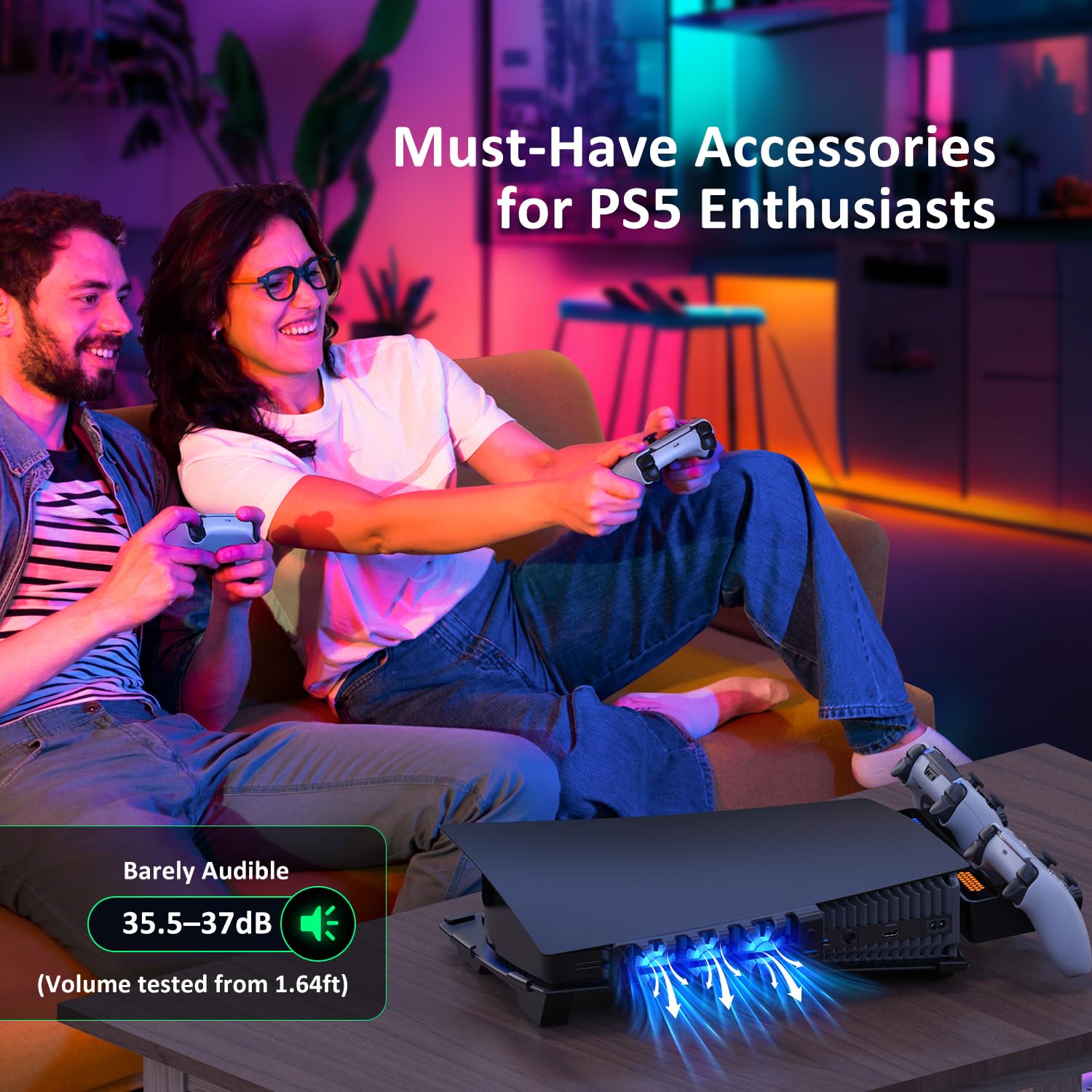 NexiGo PS5 Horizontal Stand with Charging Station for PS5 and Edge Controllers, Silent Cooling Fan with Adjustable Speed, [Auto Power On/Off], Compatible with PS5 Disc & Digital Editions, Black