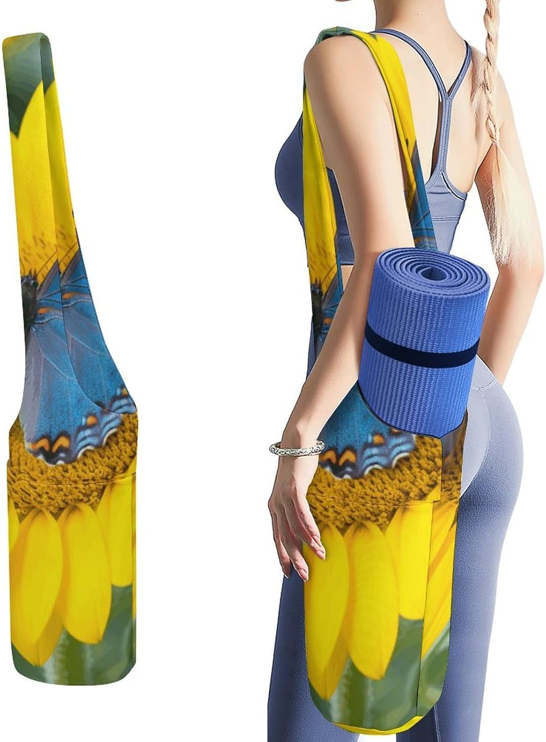 Sunflower Blue Butterfly Yoga Mat Bag Yoga Backpack Multi Pocket Exercise Yoga Mat Carrier Multi-Functional Storage Bag for Pilates Beach Travel And Everyday Use