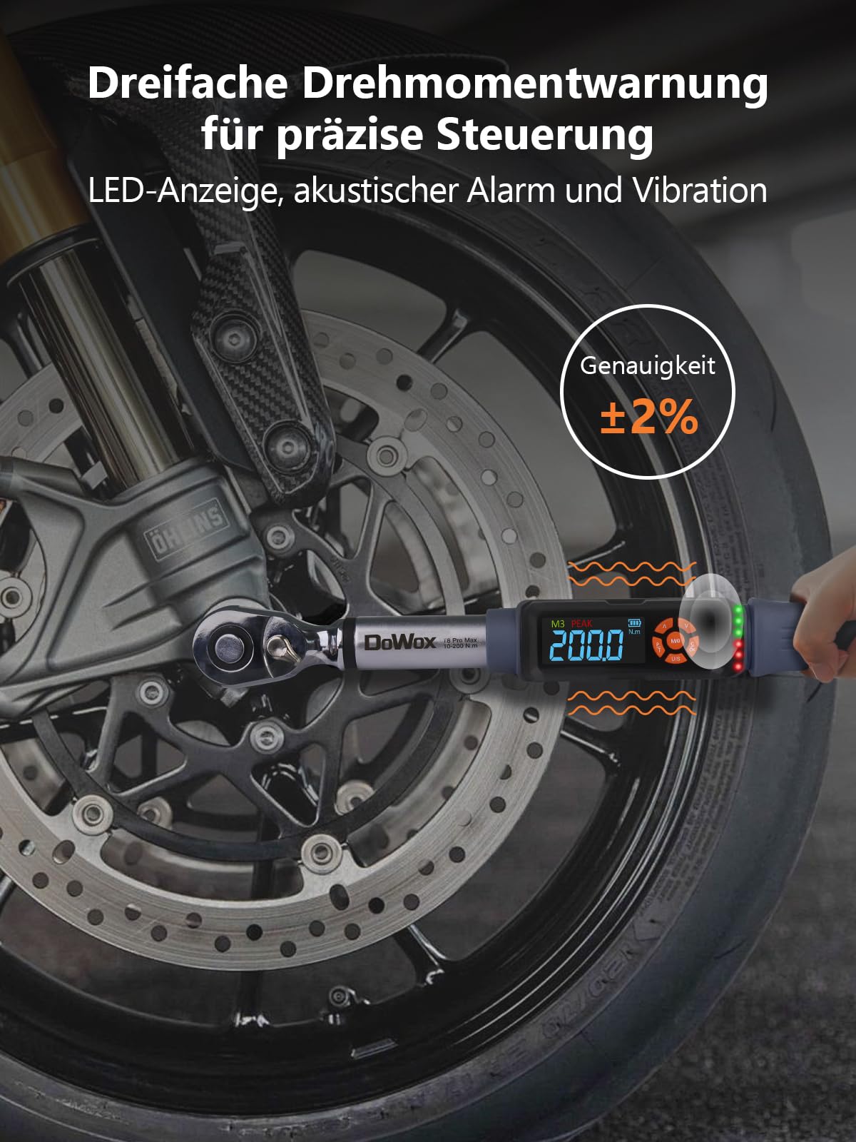 10-200Nm Digitaler Drehmomentschlüssel| 1/2" Antrieb 90-Zahn-Ratschen | Vibrations- LED- & Summeralarm | Mit Adapter & Verlängerung