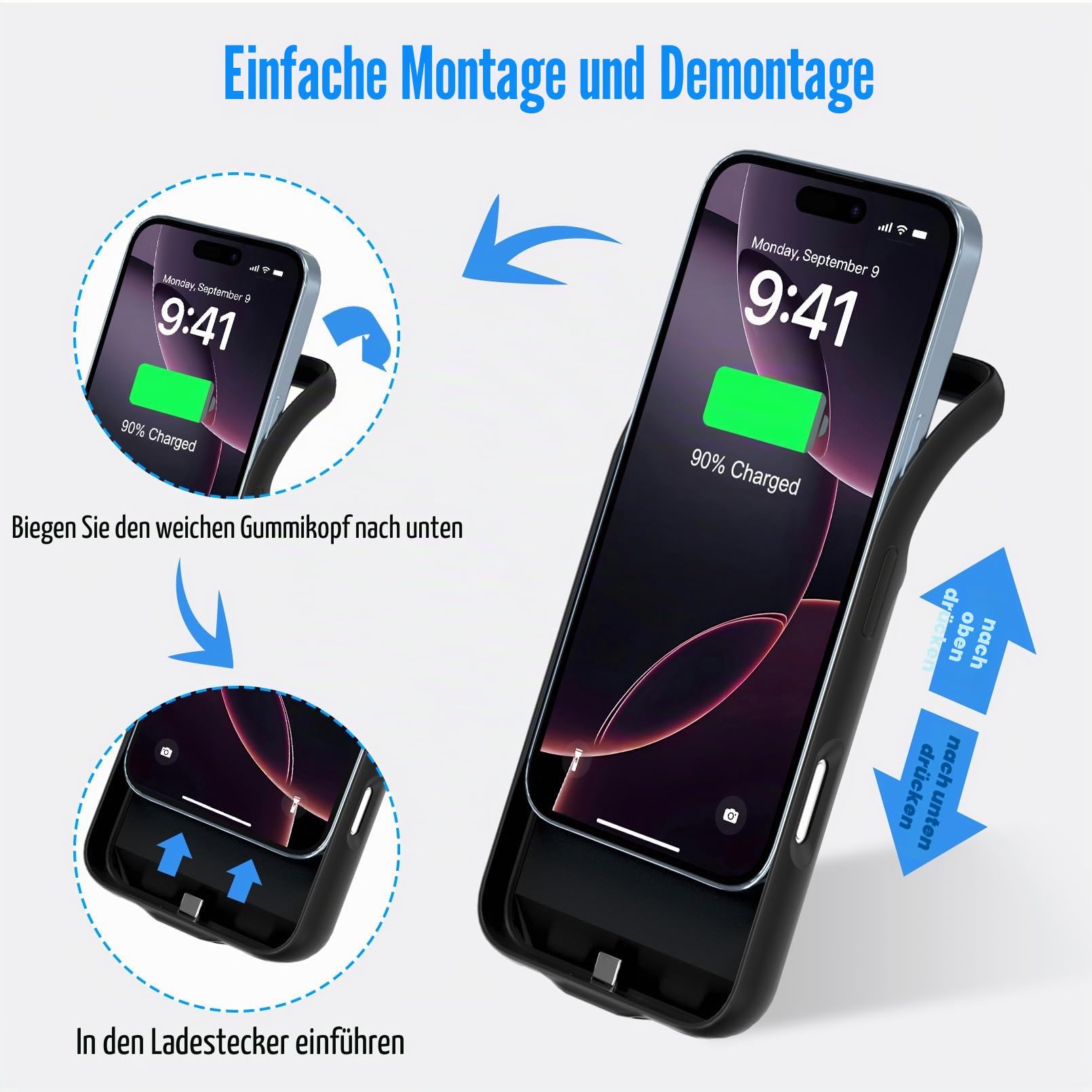 Akkuhülle für iPhone 16 Pro (6,3"), 7000mAh Powerbank Hülle ultradünn 15 W, Schnell Tragbares Ladegerät Battery Case, 360°-Schutz, Erweiterter Akku Ladehülle für iPhone 16 Pro, Schwarz