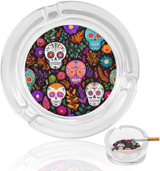 Sugar Skulls Mexican Floral Glass Ashtray for Cigarettes Home Office