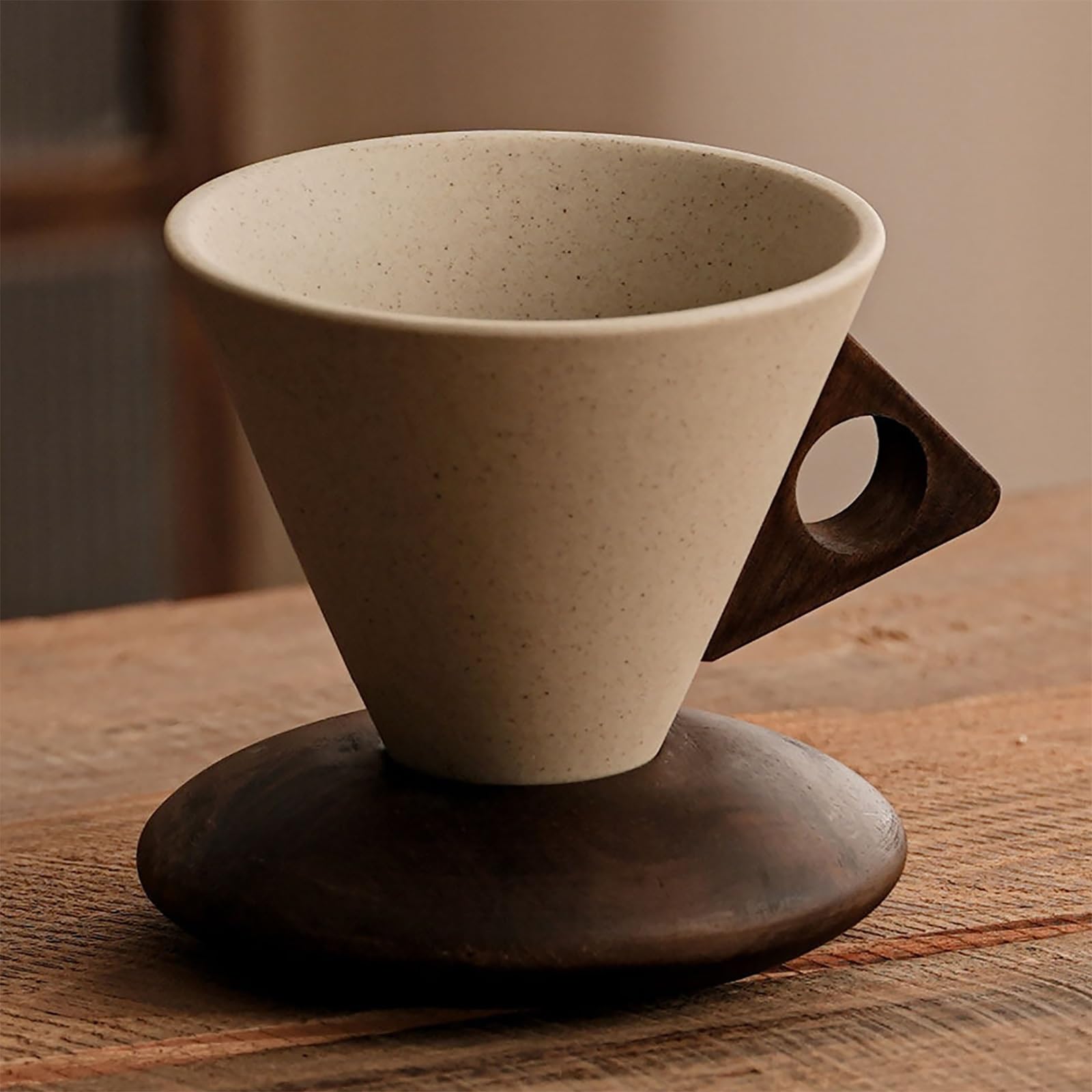 Kreatives Konisches Kaffeebecher-Set, Retro-Keramikbecher, Design mit Holzgriff, Stabil und Rutschfest, Geeignet für Zuhause, Büro und Restaurant(Natural1,Medium)