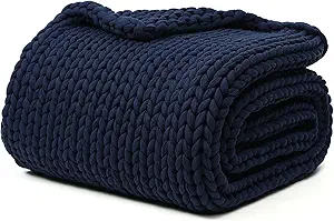 YnM Cotton Weighted Blanket, Handmade Chunky Knitted Design, Soft and Cozy, Temperature Regulating and Breathable, Machine Washable Throw for Sleep or Home Decor (Navy Blue, 60x80 Inch, 25lbs)