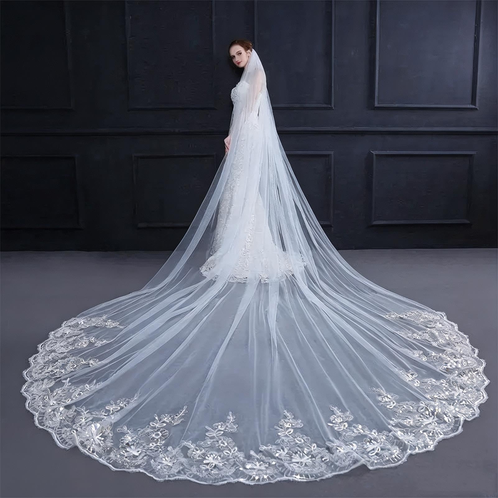 Velo da Sposa in Stile Chiesa con Bordo in Pizzo, Accessorio per Matrimonio, Lungo 300 Cm, con Pettine per Capelli, Adatto A Spose E Ragazze(White)