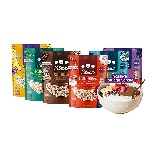 3Bears Porridge Lover-Set inkl. Schale in Sand I 6x400g Porridges: Feiner Kakao, Zimtiger Apfel, Mohnige Banane, Fruchtige Kokosnuss, Dreierlei Beere & Kerniger Klassiker | Rein natürliche Süße - 400 g (6er Pack) inkl. Schale in Sand