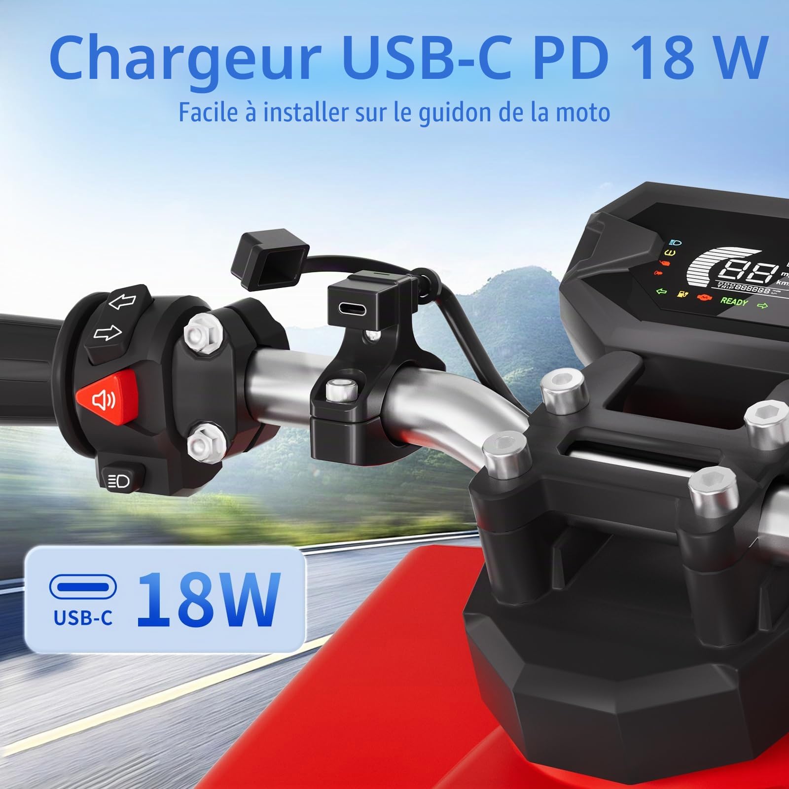 Cliff Top Chargeur USB étanche pour moto, 18 W PD USB-C, charge rapide, adaptateur SAE vers USB-C, port USB avec support de guidon de 22 à 32 mm pour moto, scooter, VTT, appareils téléphoniques
