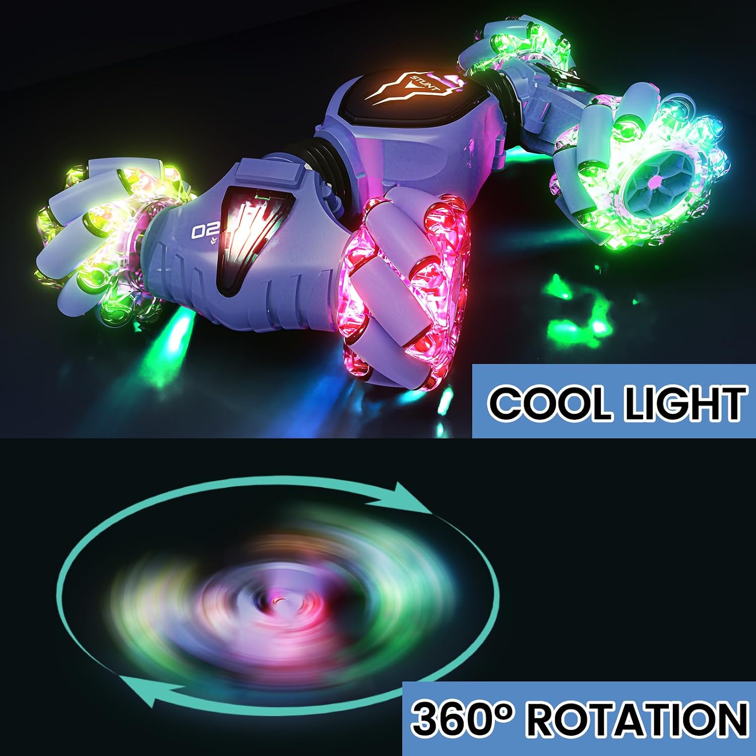 Tecnock RC Stunt Car with illuminated wheels demonstrating cool lighting effects and 360-degree rotation.