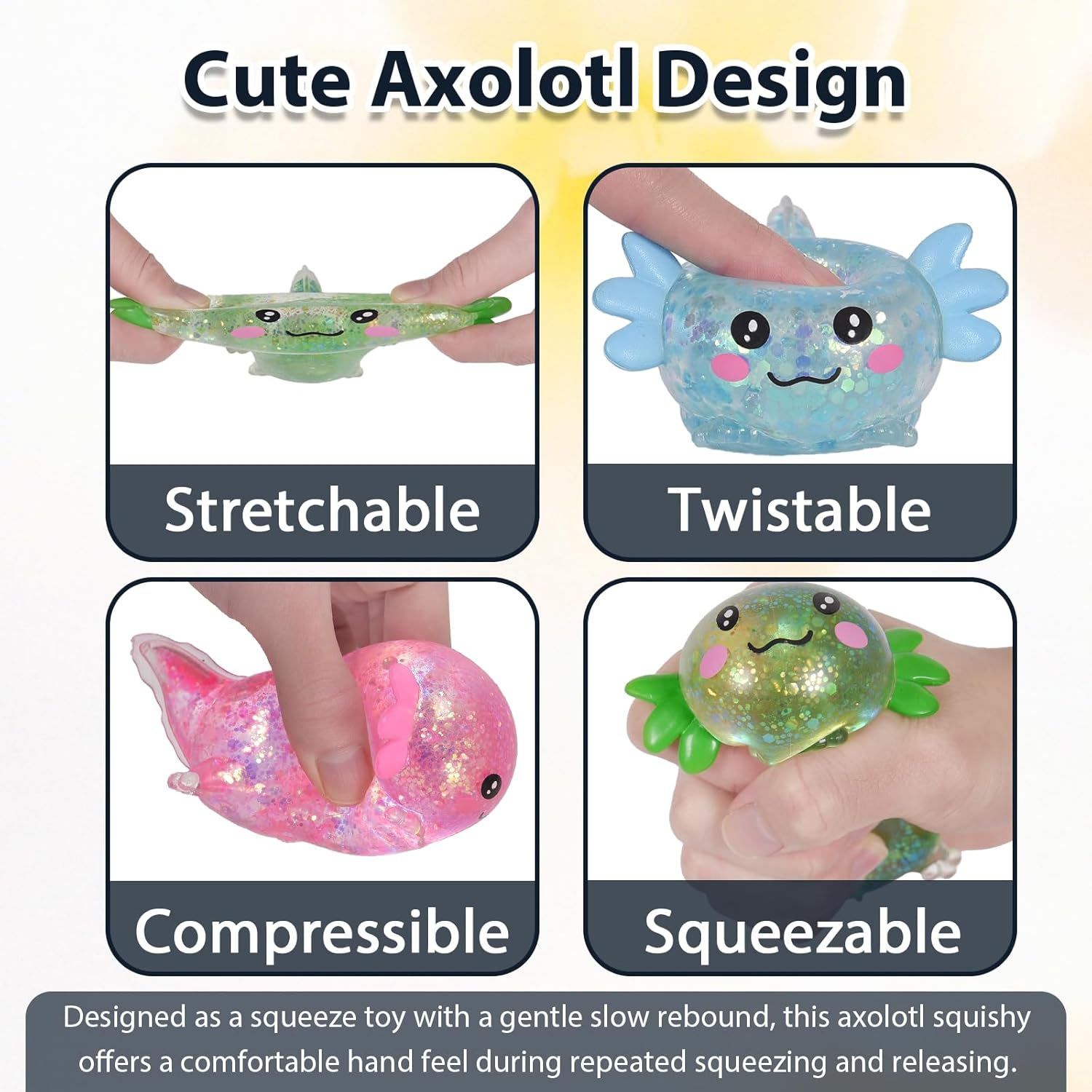 3Pcs Ssqauvig Axolotl Squishy Toy, Medium Squishy Axolotl Squeeze Toy, Soft Slow Rising Stress Relief Toy, Sensory Fidget Toys Squishy for Anxiety for Kids Youth Adults (3color)