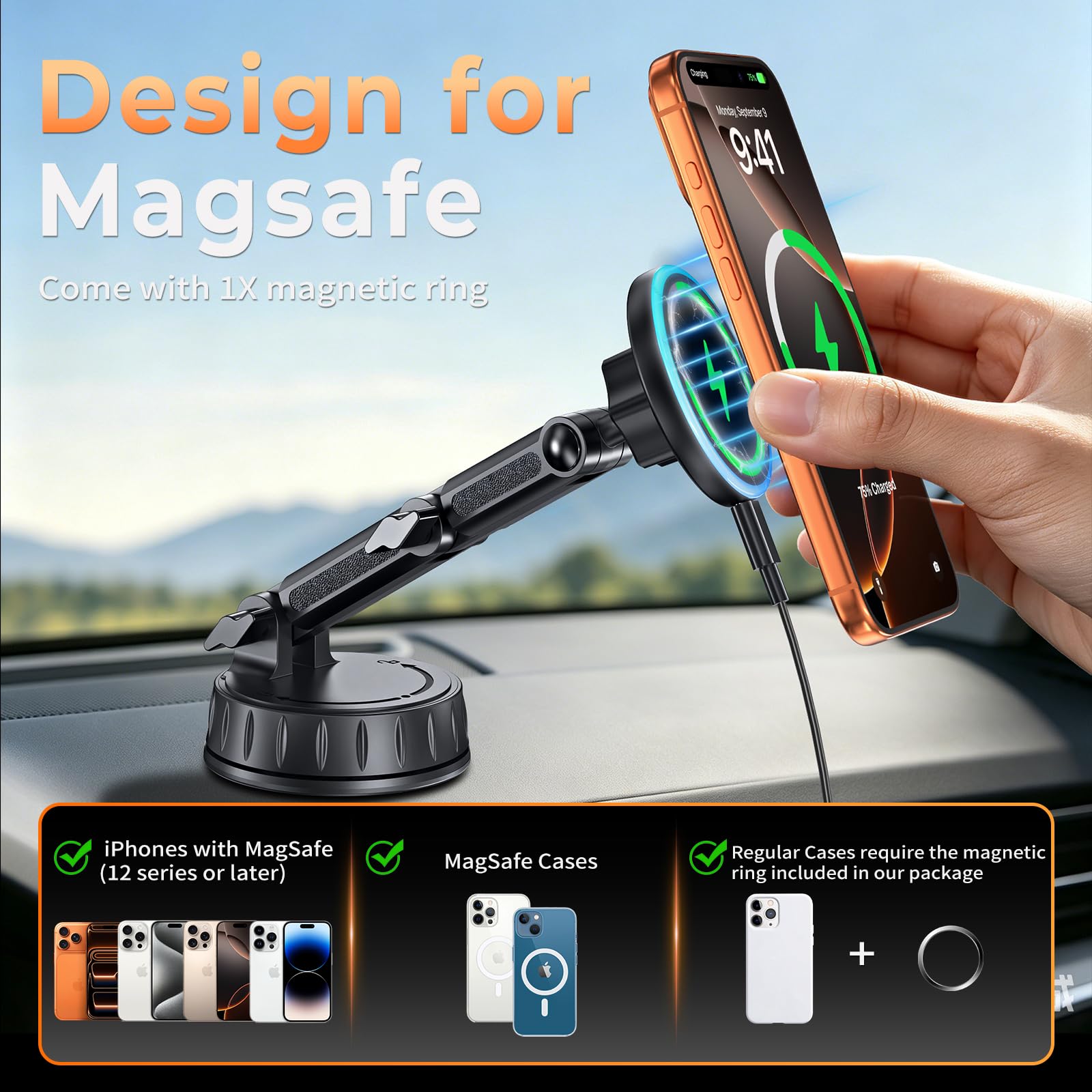 SNGOAM Supporto magnetico per auto MagSafe, supporto magnetico per telefono per il cruscotto o il parabrezza, caricatore magnetico regolabile wireless per auto, ricarica rapida, supporto per telefono