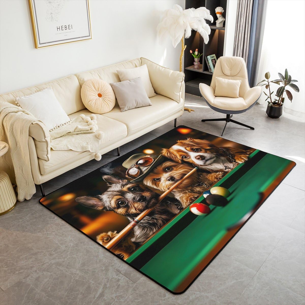 Pup Dog 3 x 5 Area Rug Cute Puppy Rugs for Living Room | Billiard Tables Washable Rug, Pool Table Balls Cool Pet Animal Carpet Indoor Floor Mat