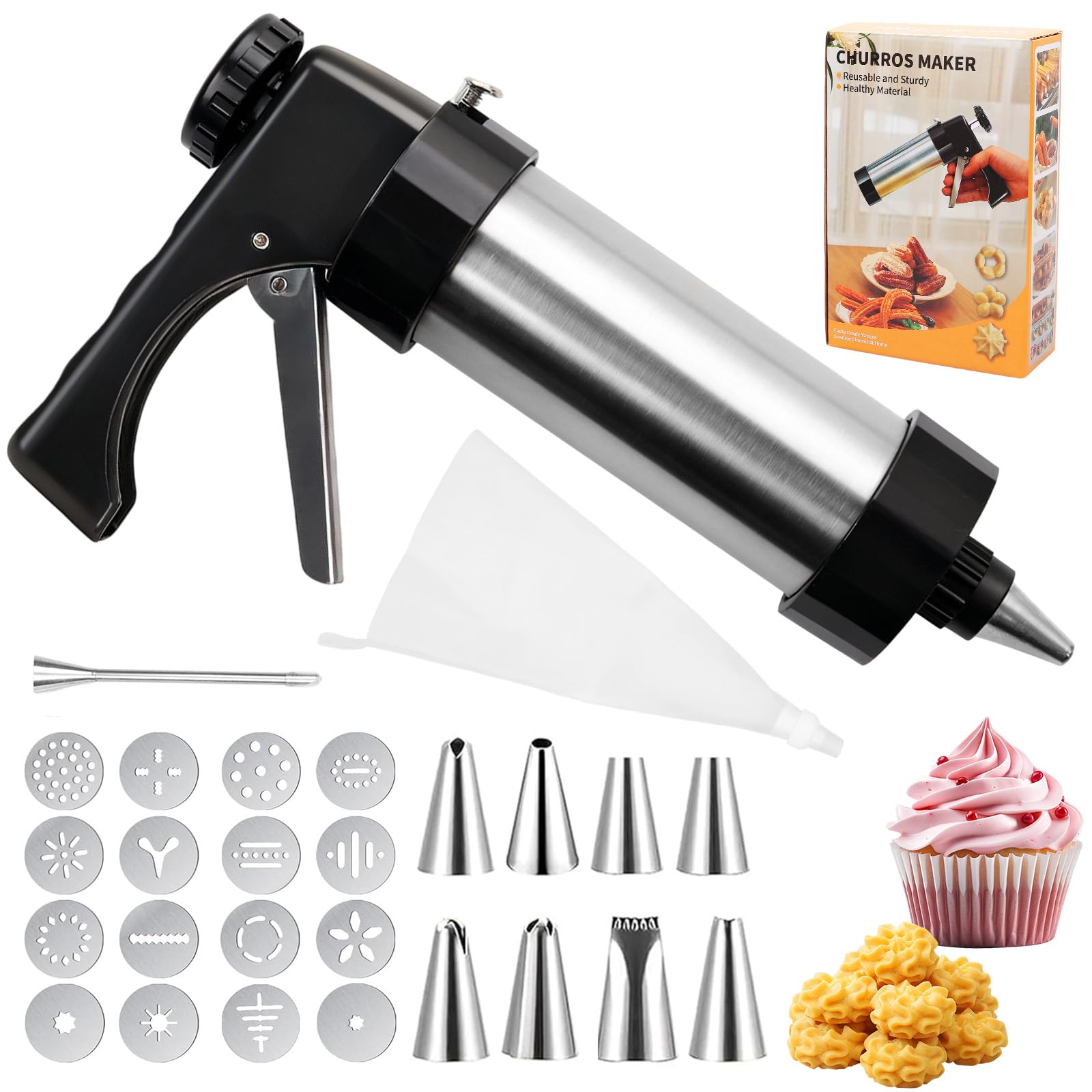 Machine à churro,Pistolet à Patisserie, Presse à Pâtisserie en Acier Inoxydable,Presse à Biscuits Avec 16 Gabarits,8 Douilles, nettoyage sans effort avec 1 brosses, pour les Churros Faits Maison