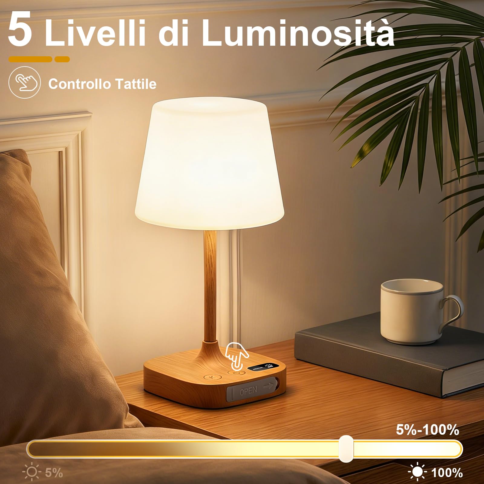Lampade da Comodino Touch Set da 2, Lampada da Tavolo Senza Fili LED | Dimmerabile Ricaricabile Luce Notturna senza Fili con Memoria, Luce Notturna LED per Campeggio all'aperto Esterno Verande