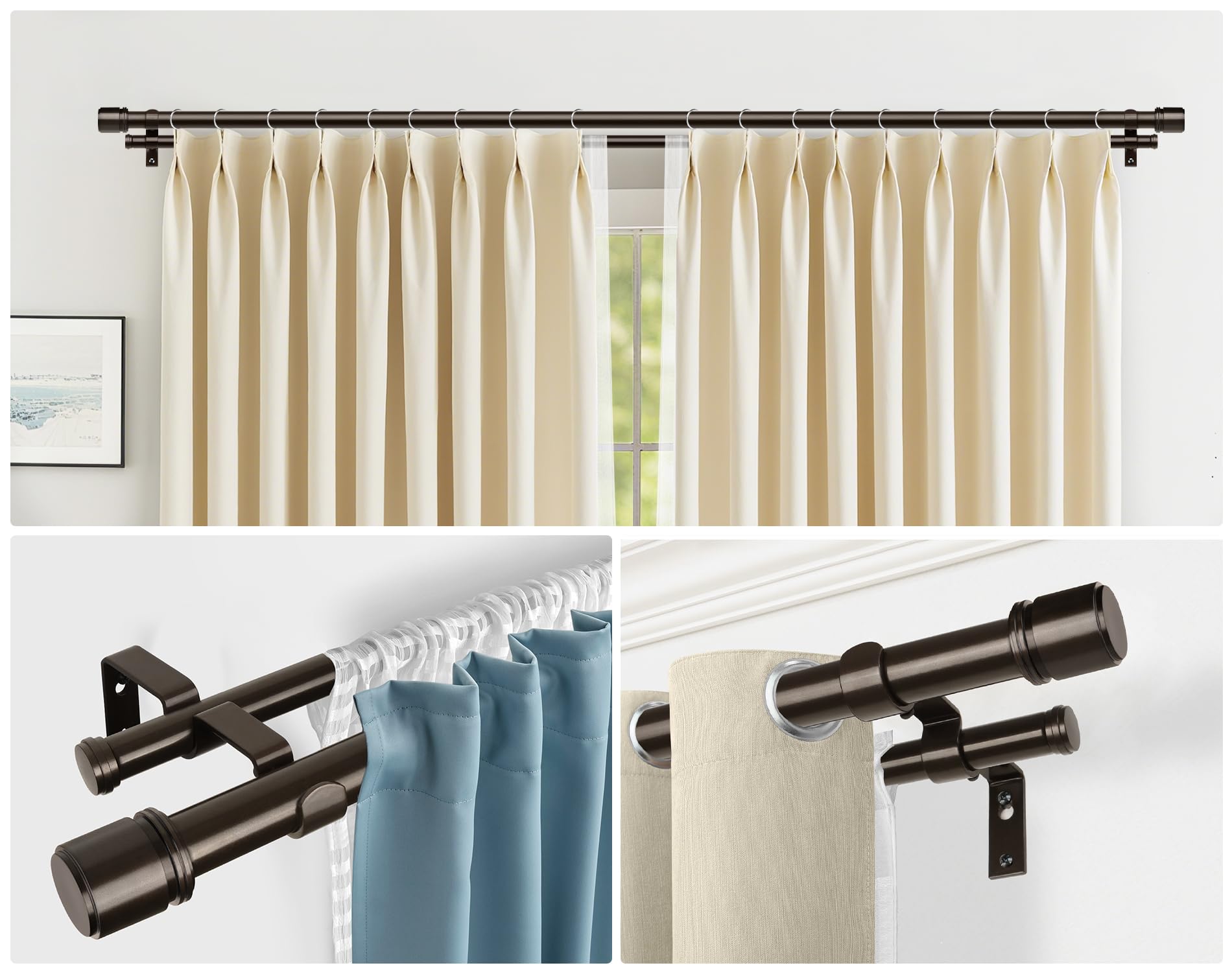 HOTOZON Bronze Bastone da Tenda Doppio 90-182 cm, 25 mm Estensibile Bastone Tenda Doppio Montado en la 9ared con Remates de Tapa Para Ventanas